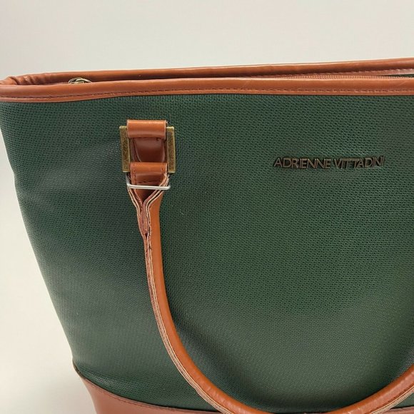 ADRIENNE VITTADINI Women's Large Green & Brown 2 Handle Top Zip Closure Tote Bag - Picture 9 of 12
